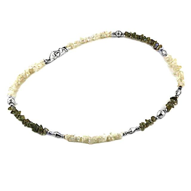 A beautifully handcrafted 925 silver necklace featuring labradorite and rainbow moonstone beads, showcasing unique colors and patterns.
