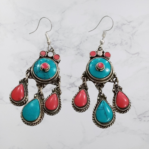 Bohotusk Tibetan Beads Tear Drop Earrings in oxidised silver with large and small stones, showcasing intricate design and craftsmanship.