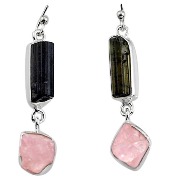 Boucles d'oreilles 'Amour divin' en morganite rose et argent 925, ornées d'une pierre noire d'aegirine, élégantes et apaisantes.