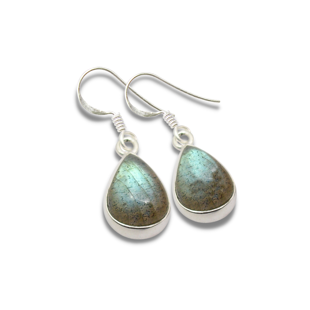 Boucles d'Oreilles 'Talisman' en Labradorite et Argent 925, design goutte d'eau avec reflets bleutés.