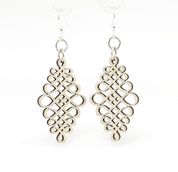Calligraphy Dangle Earrings #1325 made from sustainably sourced wood, featuring intricate laser-cut design in gray color with stainless steel ear wires.