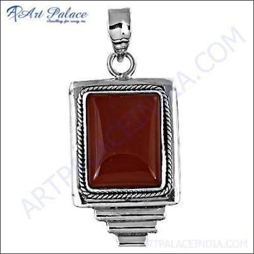Hand-finished Carnelian Gemstone Silver Pendant showcasing vibrant orange-red gemstone set in 925 silver, crafted by artisans in Jaipur, India.
