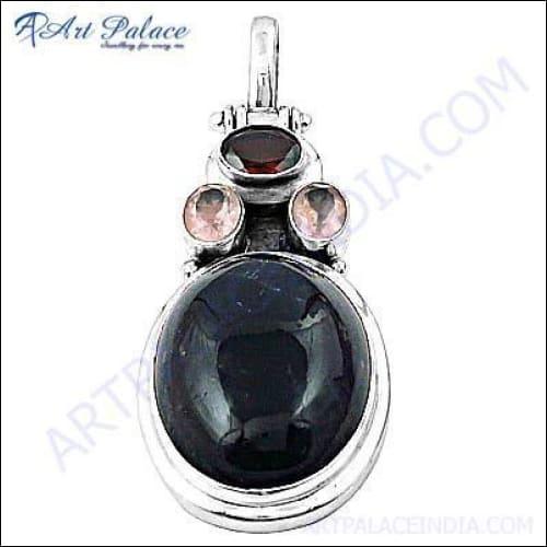 Celebrity Style Amethyst, Garnet, and Rose Quartz Gemstone Silver Pendant showcasing vibrant gemstones in a unique silver design.