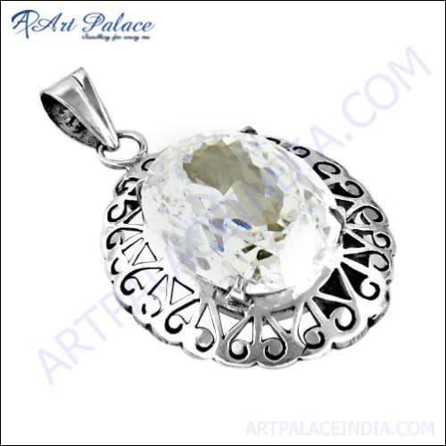 Celebrity Style Cubic Zirconia Fretwork Silver Pendant showcasing intricate silver design and sparkling cubic zirconia centerpiece.