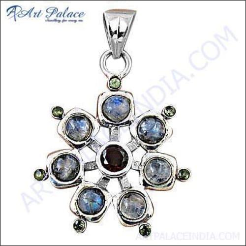 Celebrity Style Silver Pendant featuring garnet, peridot, and rainbow moonstone, showcasing intricate design and vibrant colors.