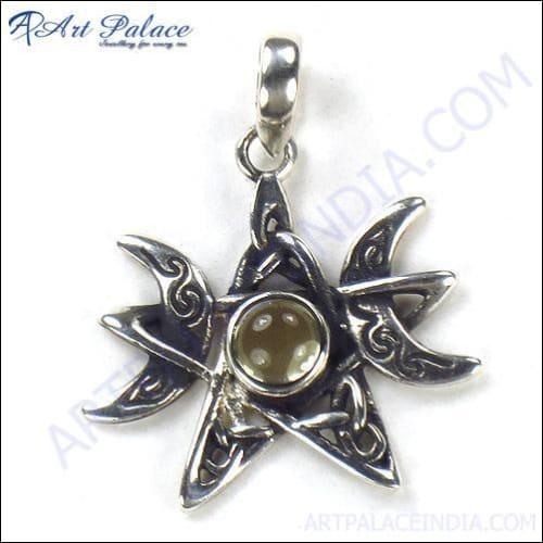 Celtic Style Citrine Gemstone Silver Pendant featuring a vibrant citrine stone set in a high-quality silver design, showcasing intricate Celtic patterns.