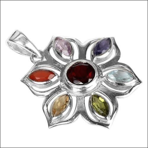 Chakra Cute Flower Shape Multi Gemstone 925 Silver Pendant featuring vibrant gemstones in a floral design.