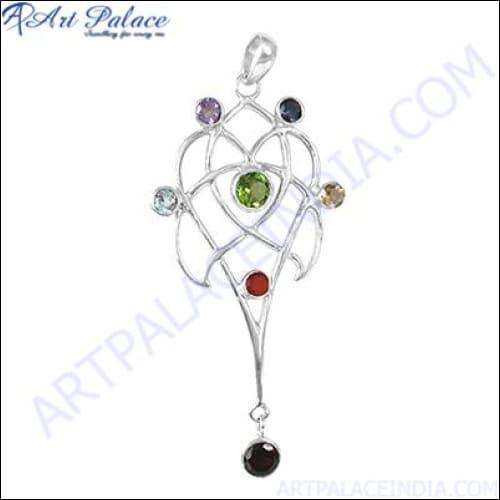 Chakra Fine Multi Gemstone 925 Silver Pendant featuring vibrant gemstones representing the seven chakras, elegantly crafted in high-quality silver.