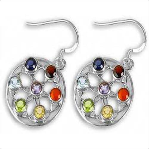 Chakra Multi Gemstone Silver Floral Design Earrings featuring vibrant gemstones and intricate floral patterns, perfect for weddings.