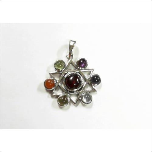 Chakra Star Shape Multi Gemstone 925 Silver Pendant featuring colorful gemstones, handcrafted by artisans in Jaipur, India.