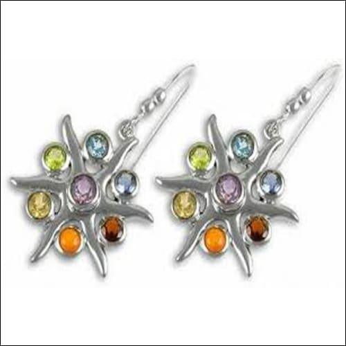 Chakra Style Multi-Gemstone Silver Earrings featuring vibrant gemstones set in elegant silver design, showcasing artisanal craftsmanship.