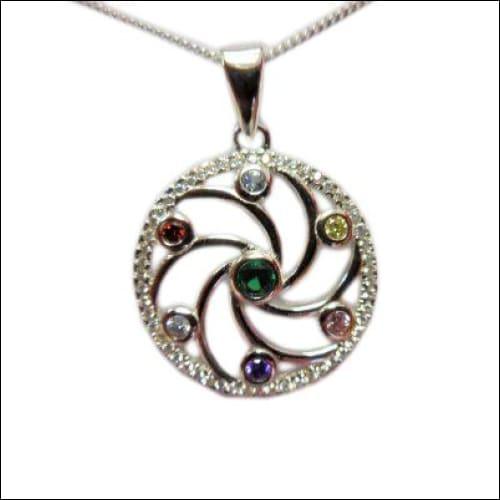 Chakra Wheel Multi-Gemstone 925 Silver Pendant featuring vibrant gemstones like amethyst, citrine, and garnet, elegantly crafted in silver.