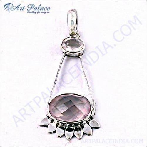 Charming Crystal Rose Quartz Gemstone Silver Pendant showcasing sparkling crystals and soft rose quartz in an elegant silver setting.