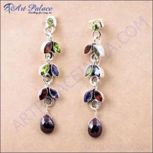 Charming Multi-Gemstone Silver Earrings featuring colorful gemstones set in a sleek silver design, perfect for adding elegance and energy to any outfit.