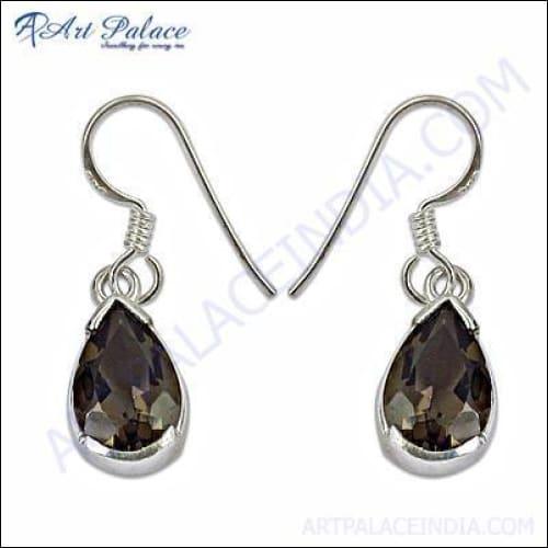 Charming pear-shaped smokey quartz earrings showcasing elegant design and craftsmanship.