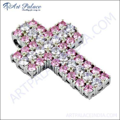 Charming Pink & White Zirconia Gemstone Silver Cross Pendant showcasing elegant craftsmanship and vibrant gemstones.