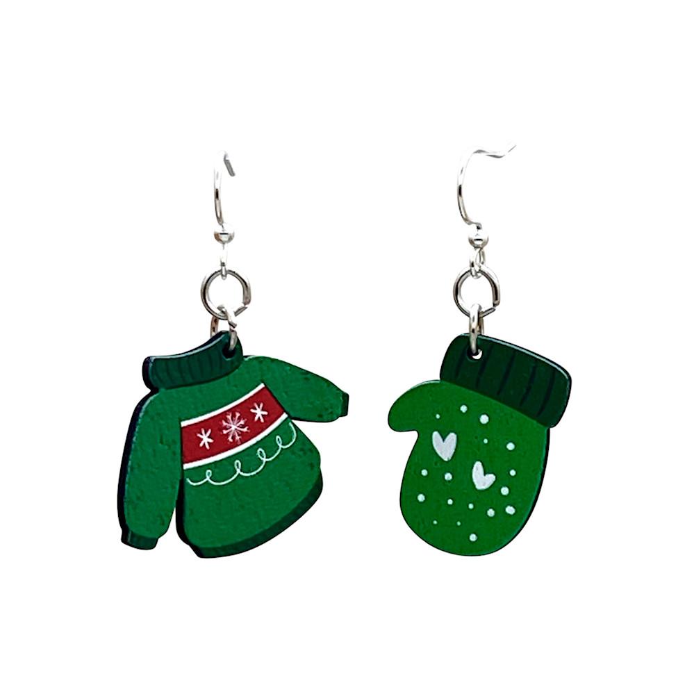 Christmas Sweater and Mittens Earrings featuring laser-cut wood design, perfect for holiday celebrations.