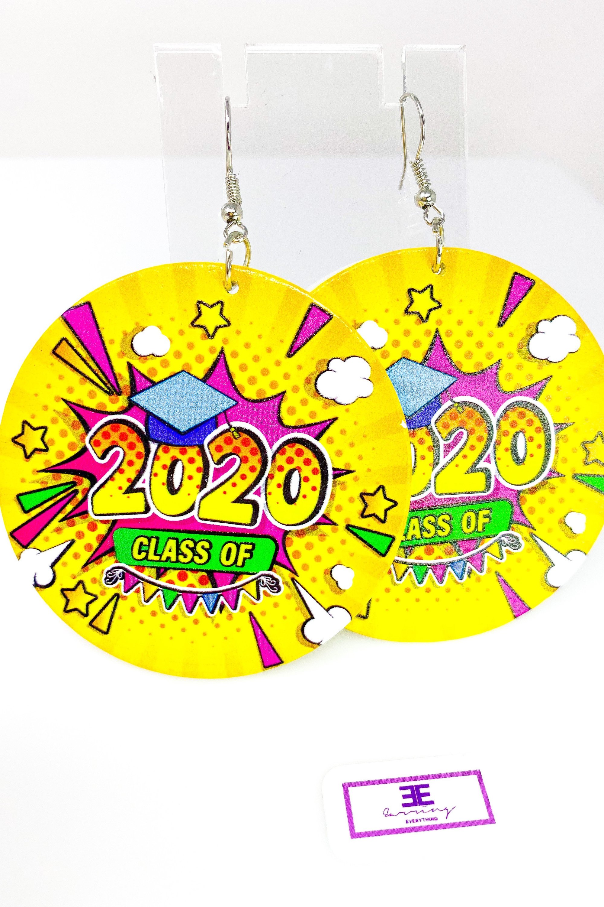 Class of 2020 Hoops - vibrant wooden hoop drop earrings in yellow, pink, and green with nickel-free brass ear hooks.