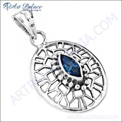 Classic Blue Cubic Zirconia Fretwork Silver Pendant featuring intricate design and vibrant blue gemstone.