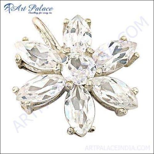 Classic Flower Style Cubic Zirconia Silver Pendant featuring intricate floral design and sparkling gemstones, perfect for elegant occasions.