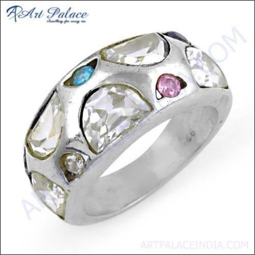 Classic Multi-Color Cubic Zirconia Gemstone Silver Ring showcasing vibrant stones set in elegant silver.