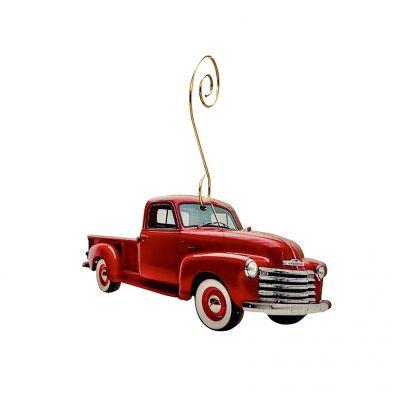 Classic Red Truck Ornament #9982 made from eco-friendly birch wood and recycled paper, featuring a glossy finish and intricate laser-cut design.