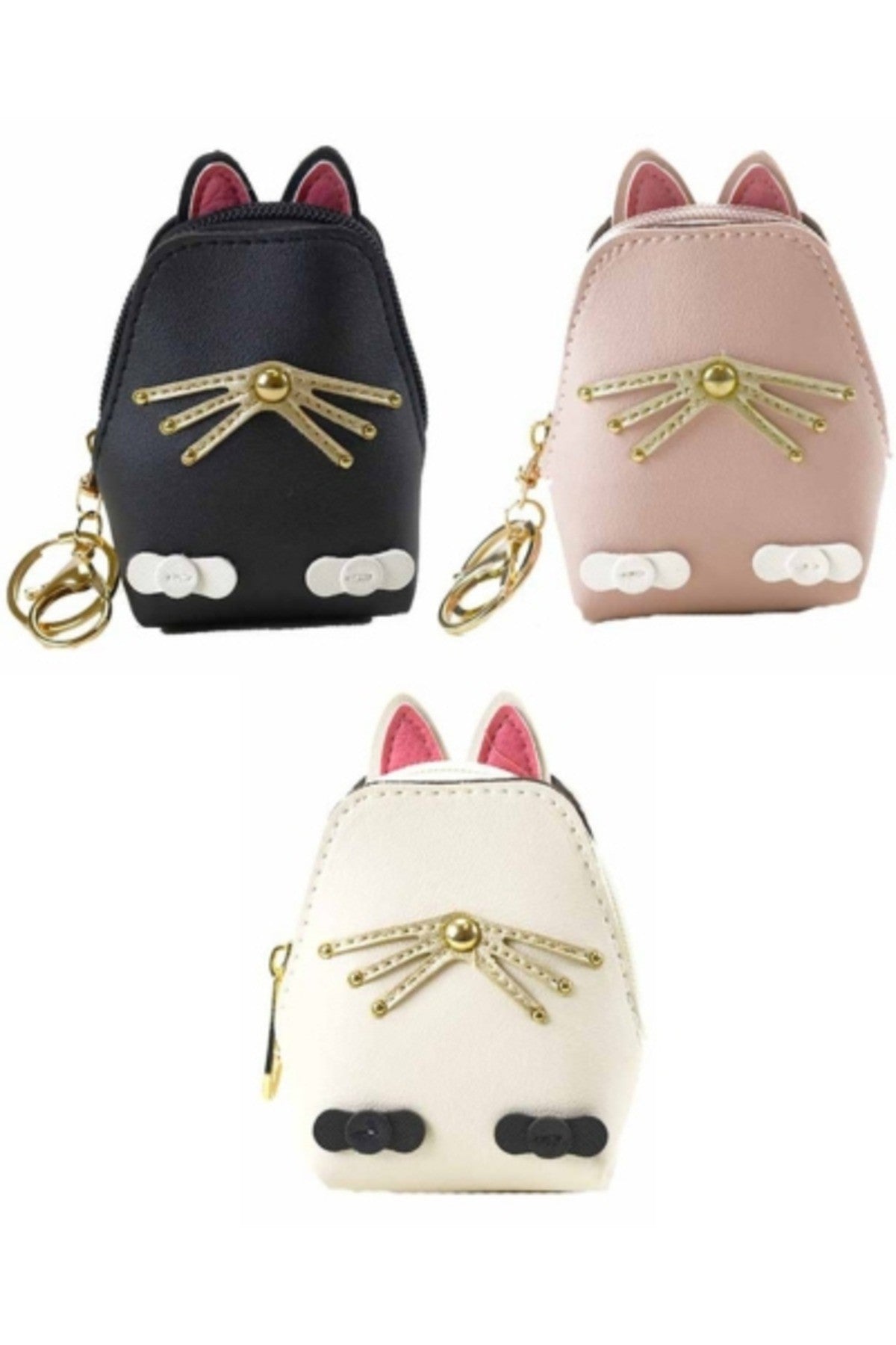 A cute cat-themed coin purse with a keychain, featuring a zipper closure and smooth PU leather texture.