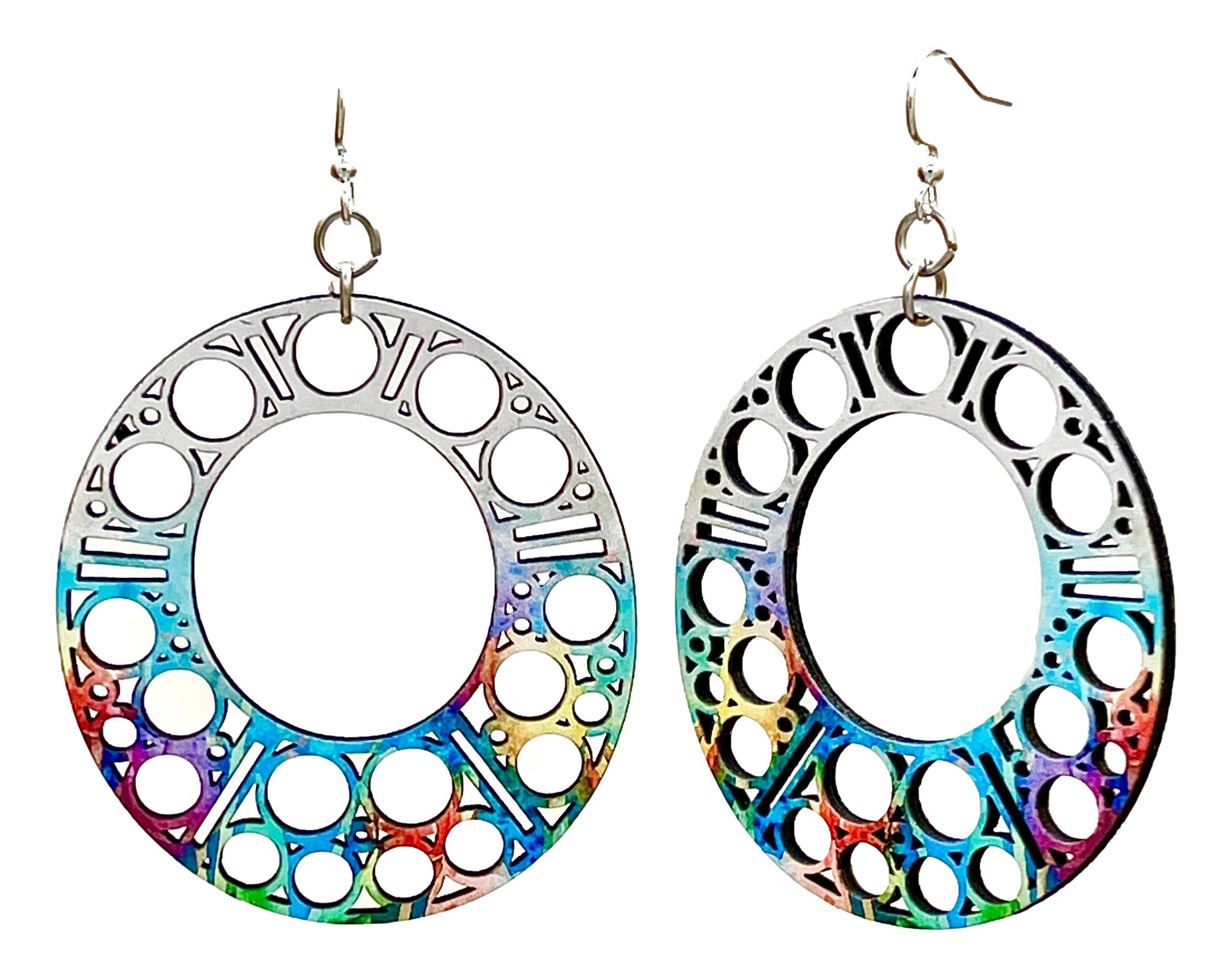 Color Me Crazy earrings made from sustainably sourced wood with a laser-cut design and silver-finished stainless steel ear wires.