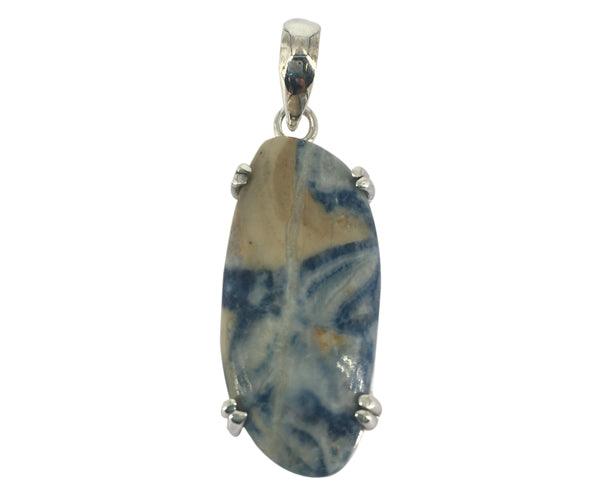 Colorless Blue Scheelite Stone set in a sterling silver pendant, showcasing its vibrant blue hue and elegant design.