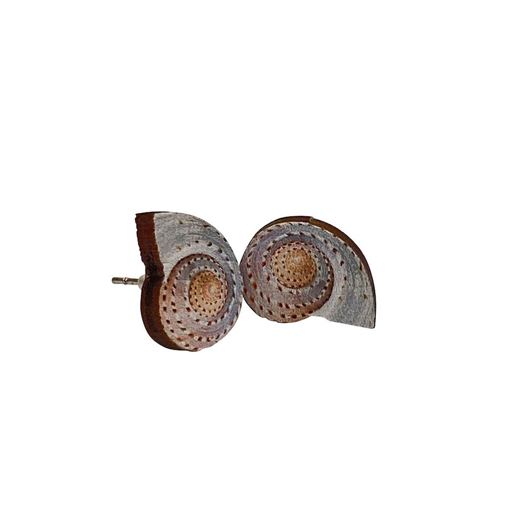 A pair of Conch Shell Stud Earrings #3085 made from lightweight laser-cut wood with a natural wood back and silver plated brass earstuds.