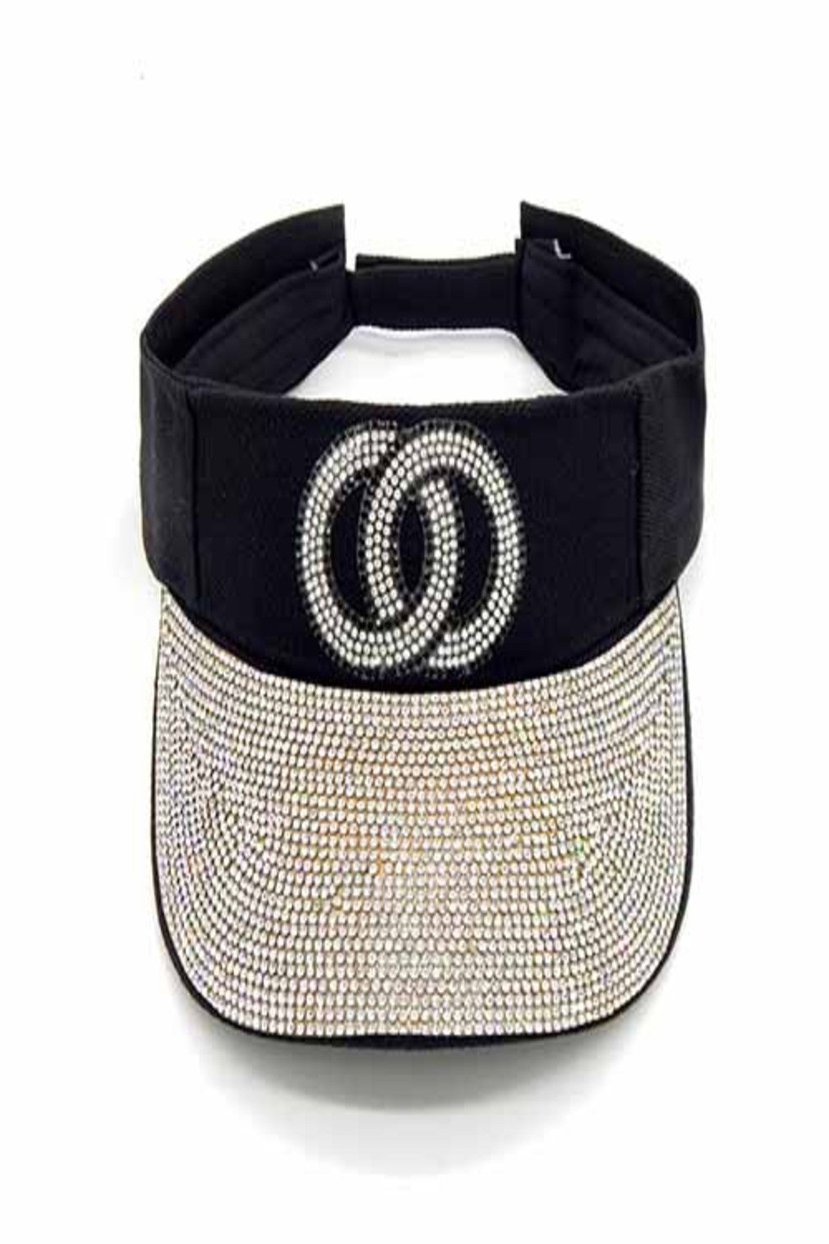 A stylish Cotton Visor Hat with rhinestone embellishments, featuring an adjustable velcro back closure and a wide brim for sun protection.