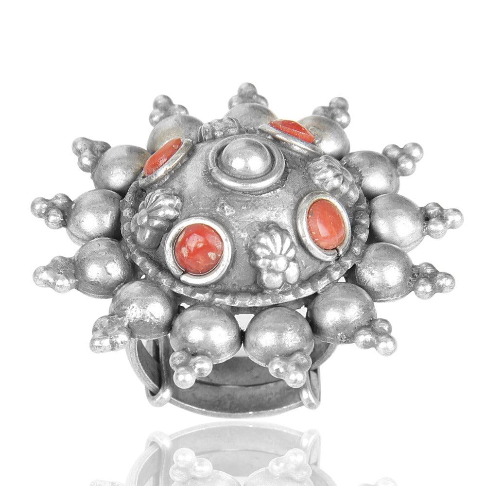 Creative Designer Coral Gemstone Oxidized Silver Ring showcasing intricate design and vibrant coral gemstone.