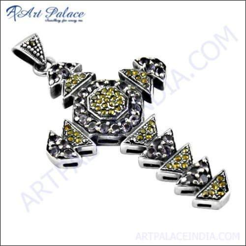 Cross Style Gun Metal Amethyst Gemstone Silver Pendant showcasing intricate design and vibrant purple gemstone.