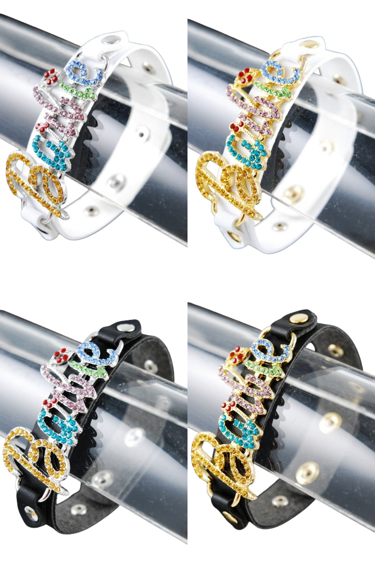 A stylish Crystal Barbie Bracelet made of simulated leather, featuring iconic Barbie letters in a chic design.