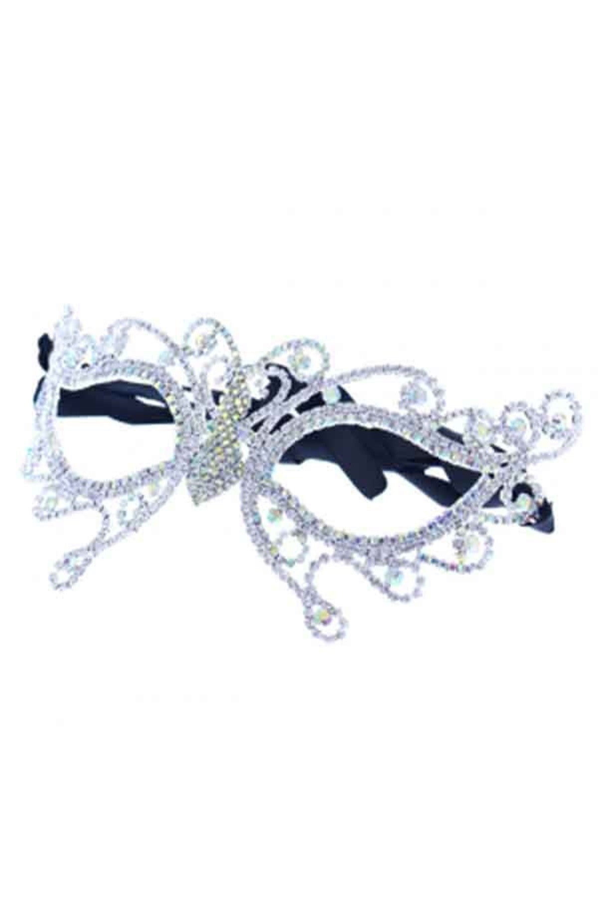 Elegant Crystal Butterfly Masquerade Mask with black ribbon ties, featuring intricate crystal detailing.
