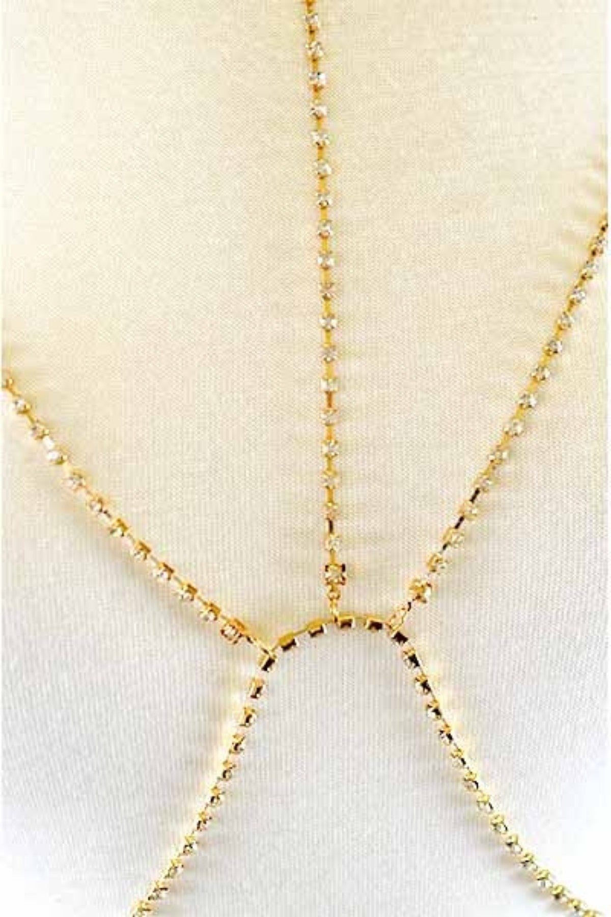 Crystal Lined Chain Link Choker Bra Chain with lobster claw clasp and extender, showcasing elegant design and sparkling crystals.