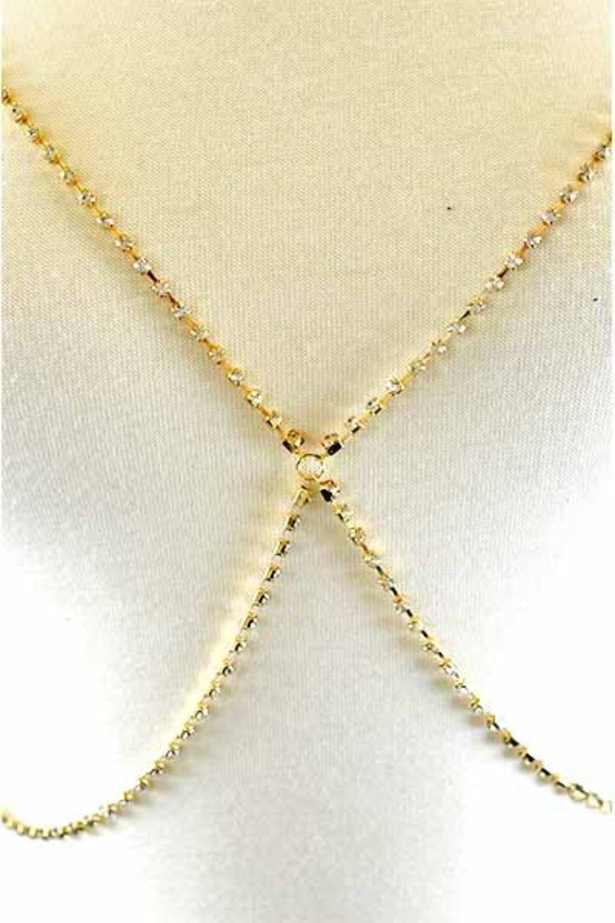 Crystal Lined Choker Bra Chain Set featuring sparkling crystals and adjustable lengths with lobster claw clasps.