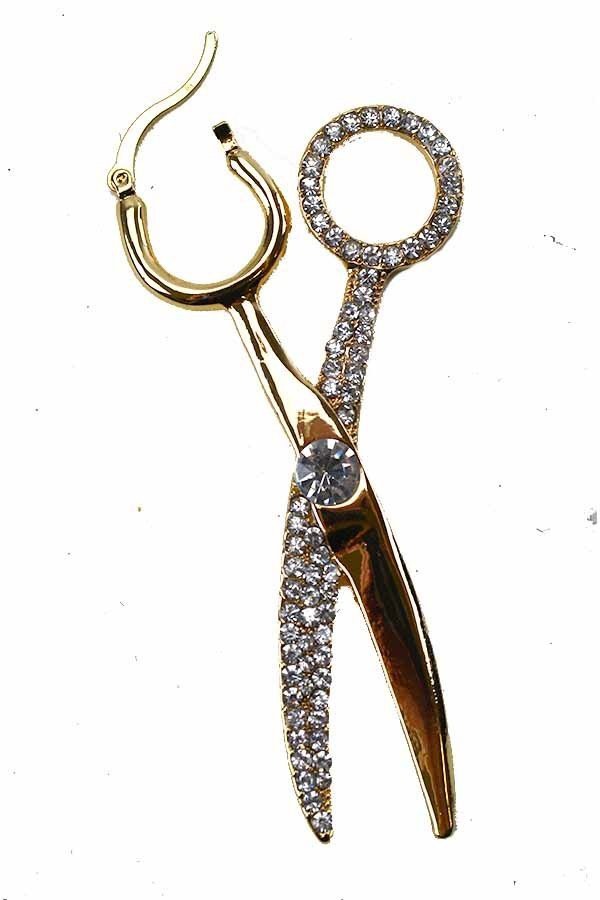 Elegant crystal scissors shape earrings with latch back closure, showcasing intricate design and sparkling embellishments.