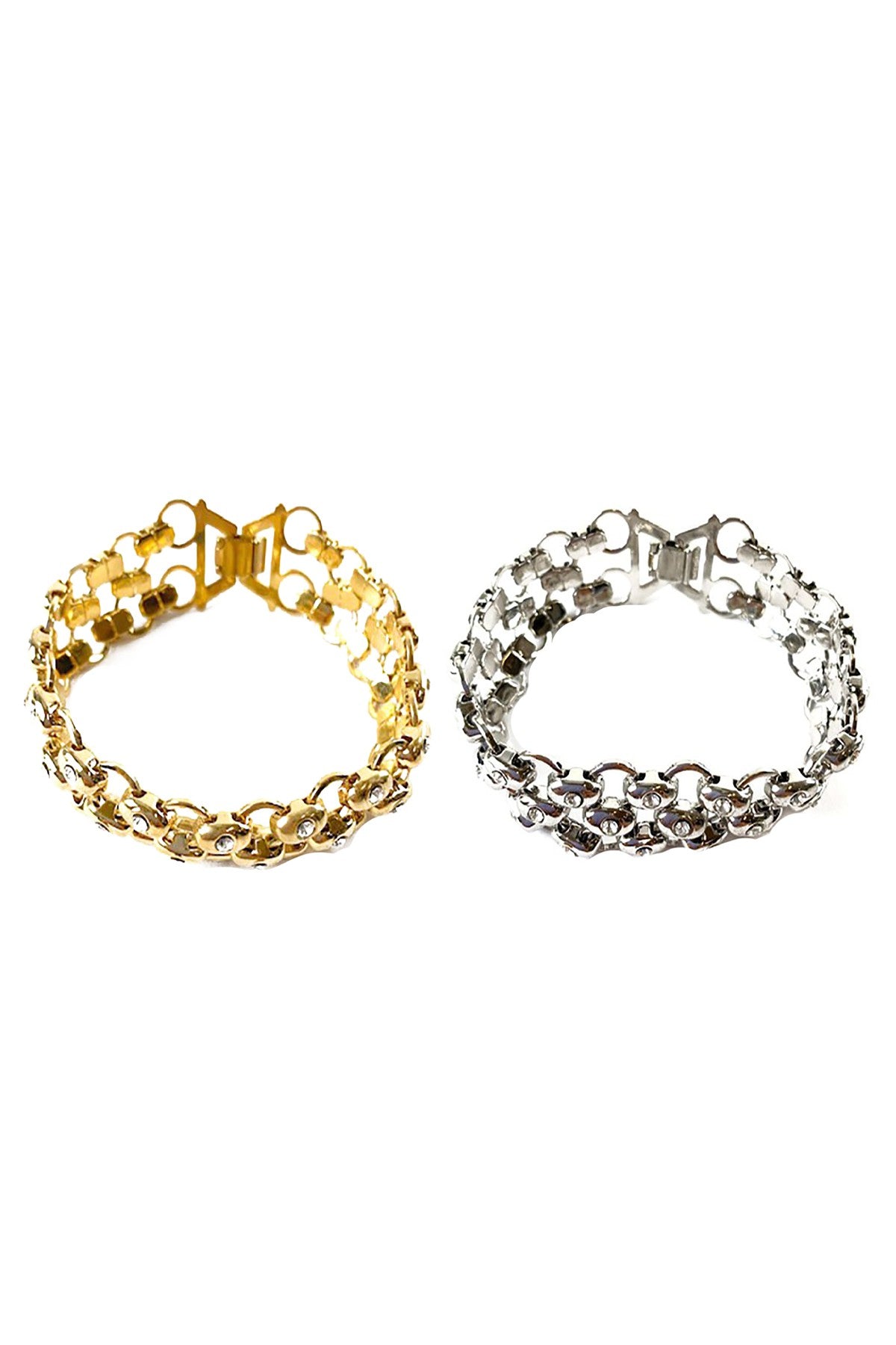 A stylish crystal studded metal chain bracelet with a double plated finish and a hinged clasp, showcasing its elegant design.