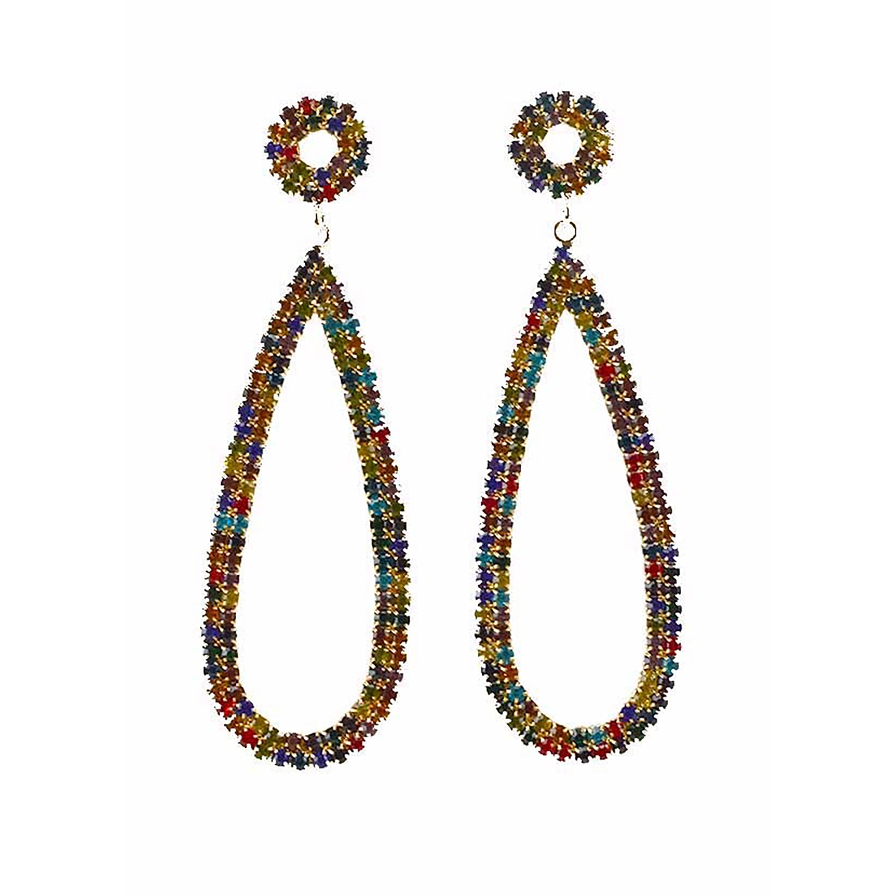 Elegant crystal teardrop dangle earrings with a 3-inch drop, featuring a secure post back closure.