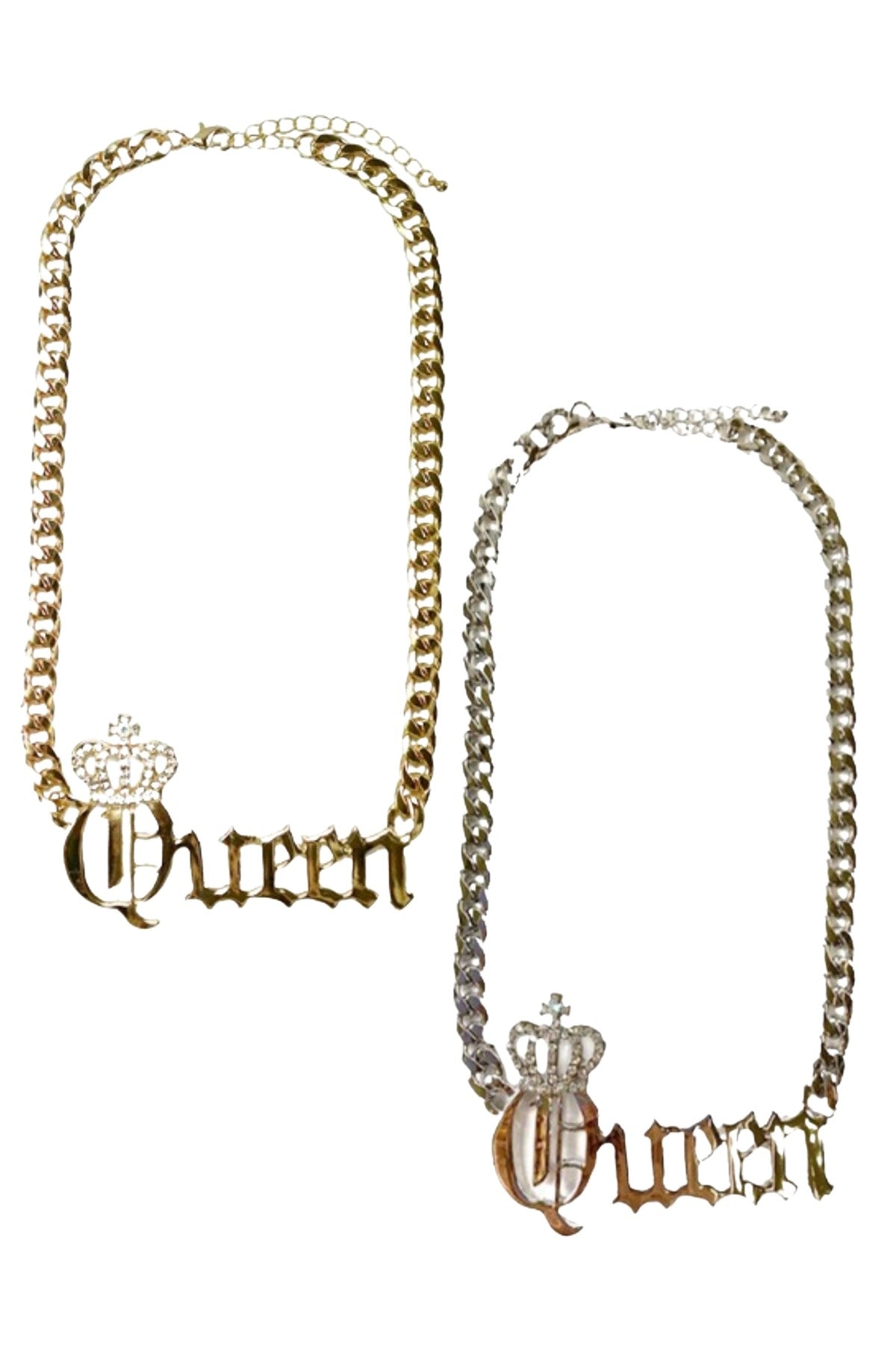 Cuban Chain Queen Pendant Necklace featuring a stylish chain and elegant queen pendant, secured with a lobster claw clasp.