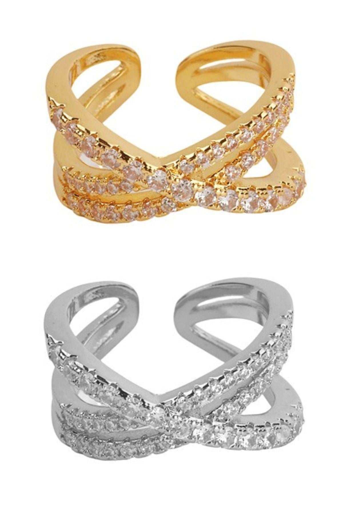 Cubic Zirconia 3 Line Cross Over Open Ring showcasing its elegant design and sparkling stones.