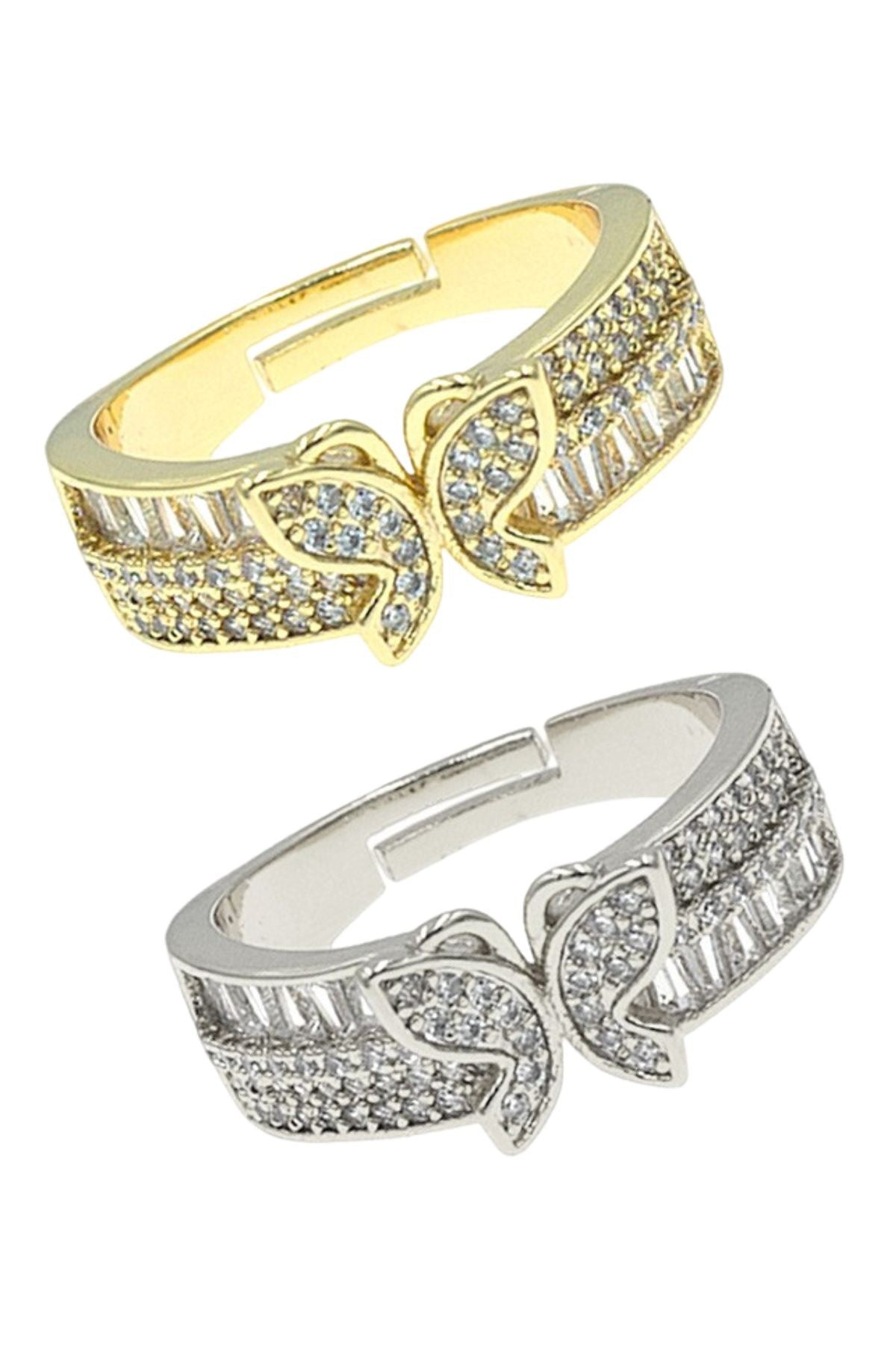 Cubic Zirconia Butterfly 2 Line Band featuring an elegant butterfly design with sparkling stones, adjustable size, and lead compliance.