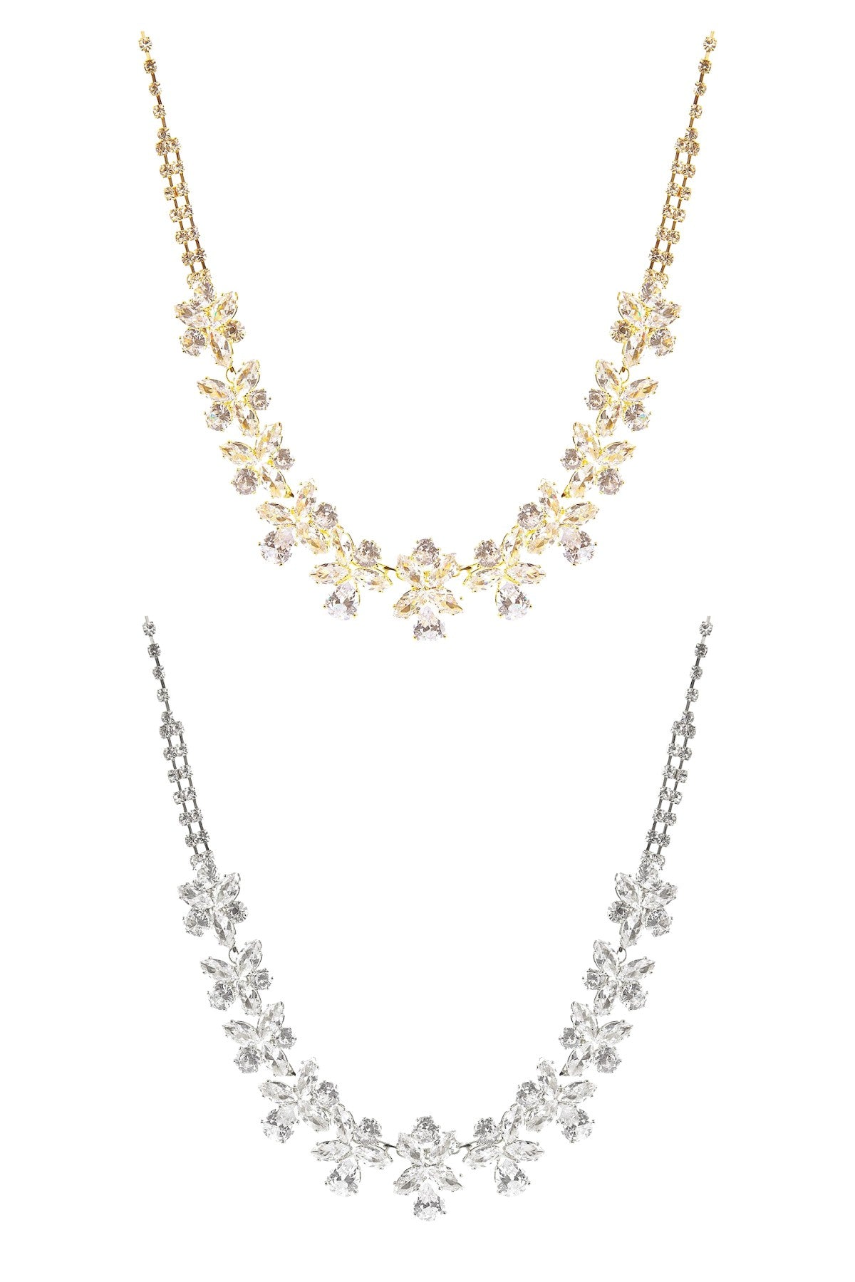 Elegant cubic zirconia flower necklace with adjustable length and lobster claw clasp, showcasing a beautiful floral design.