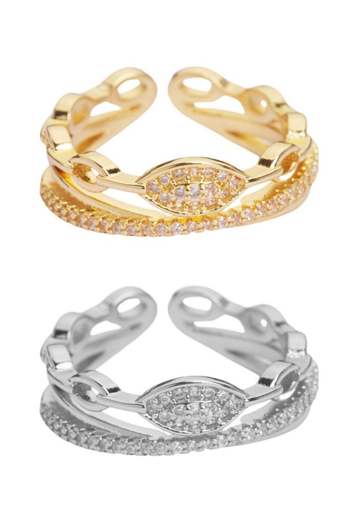 Cubic Zirconia Oval Chain Ring with adjustable design and sparkling stone.