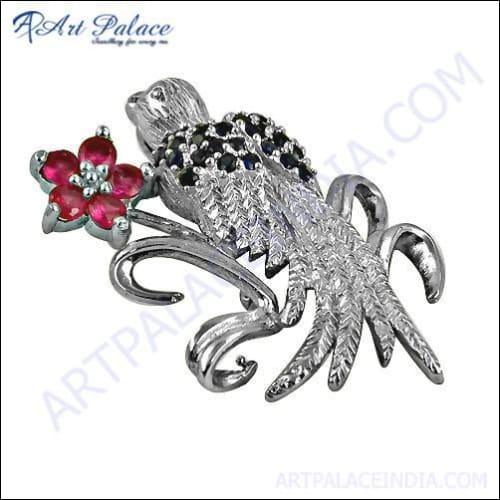 Cute Bird & Flower Style Silver Pendant featuring sparkling zirconia, showcasing intricate design and craftsmanship.