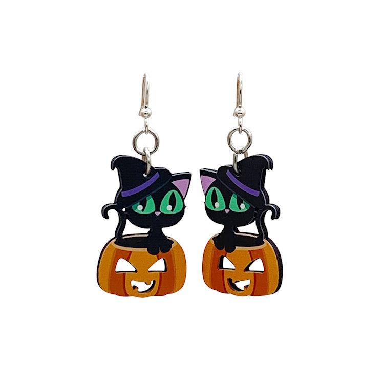 Cute Halloween Cat Earrings made from sustainably sourced wood with silver-finished stainless steel ear wires, featuring a playful cat design.