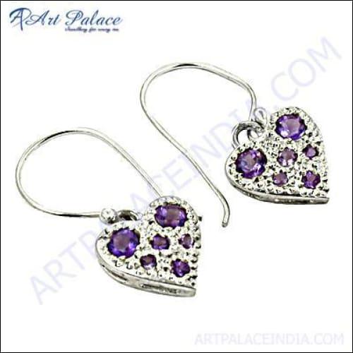 Cute heart-shaped silver earrings featuring genuine amethyst gemstones, elegantly designed for a glamorous look.