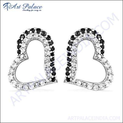 Cute heart-shaped earrings featuring black onyx and cubic zirconia set in silver, showcasing elegance and style.