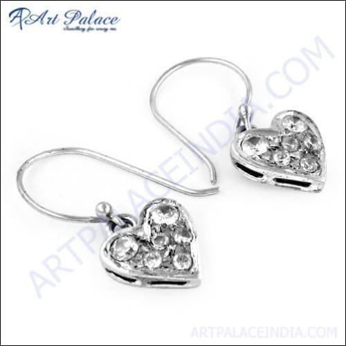 Cute heart-shaped silver earrings adorned with sparkling cubic zirconia, perfect for gifting.